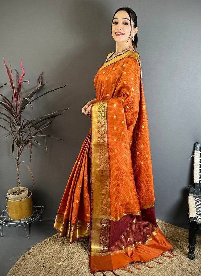 Orange Color weaving butti work  tissue saree