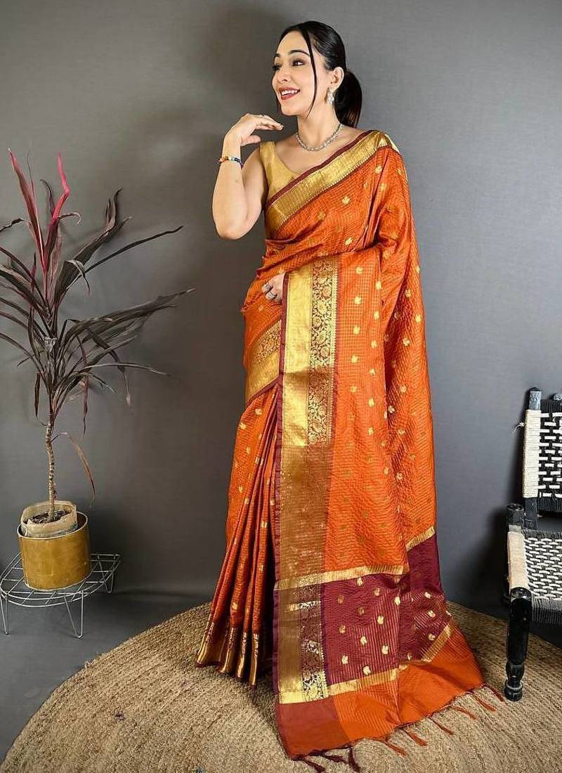 Orange Color weaving butti work  tissue saree