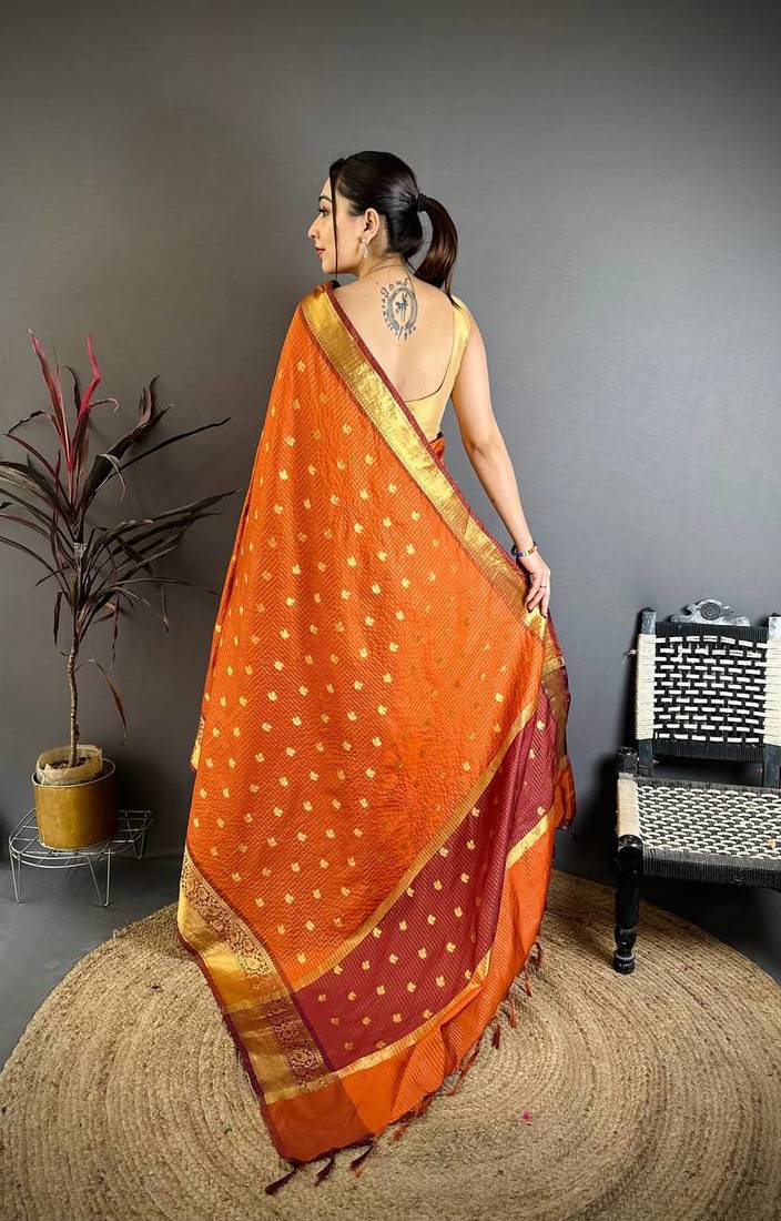 Orange Color weaving butti work  tissue saree