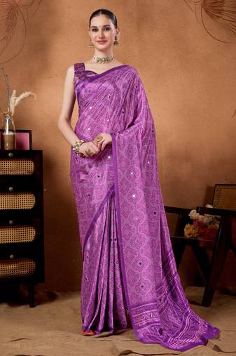 Lavender color satin silk fabric ready to wear festive rich bandhani saree
