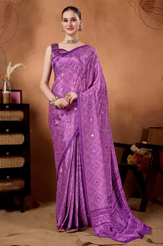 Lavender color satin silk fabric ready to wear festive rich bandhani saree