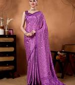 Lavender color satin silk fabric ready to wear festive rich bandhani saree