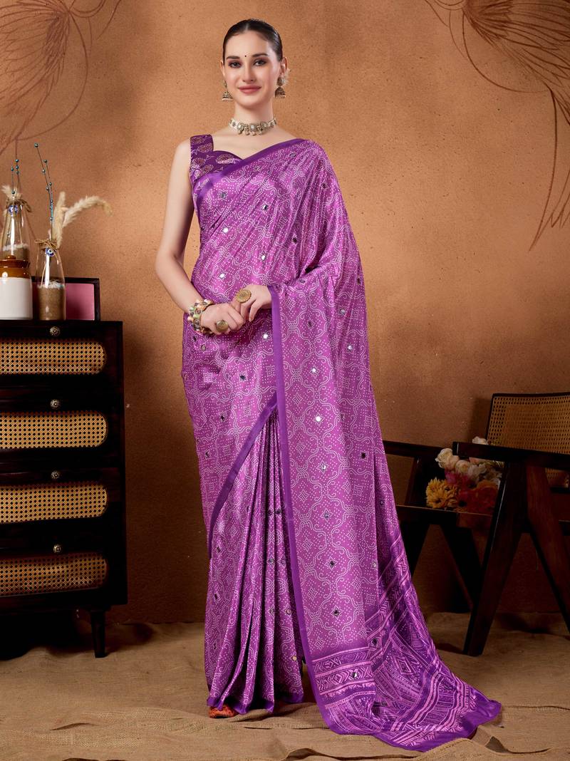 Lavender color satin silk fabric ready to wear festive rich bandhani saree