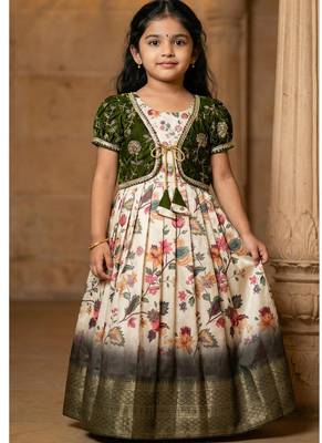 white silk kids gown with zari weaving koti design 1