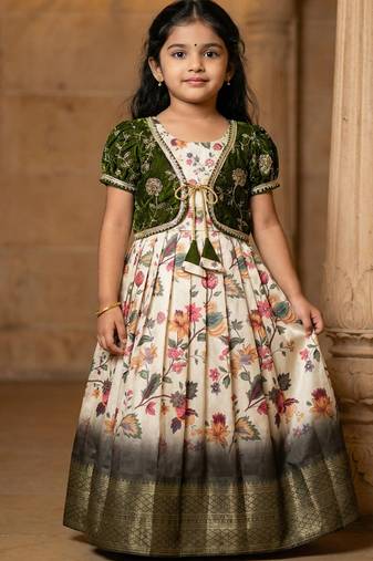 White soft silk zari weaving gown with embroidered koti