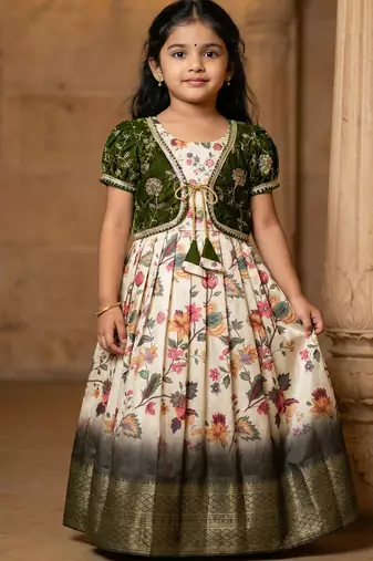 White soft silk zari weaving gown with embroidered koti