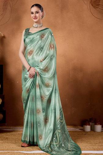 Sea green color satin silk fabric ready to wear festive rich bandhani saree