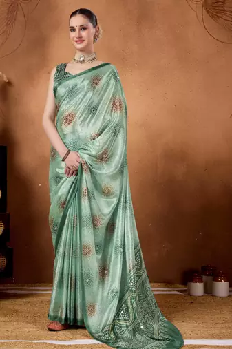 Sea green color satin silk fabric ready to wear festive rich bandhani saree