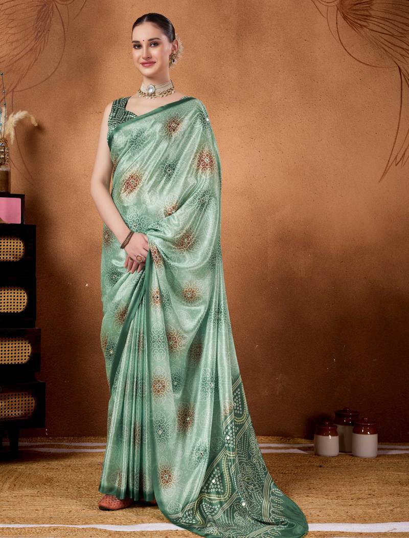 Sea green color satin silk fabric ready to wear festive rich bandhani saree