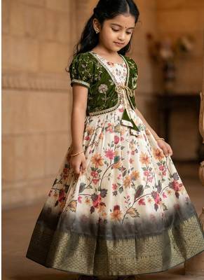 white silk kids gown with zari weaving koti design 2
