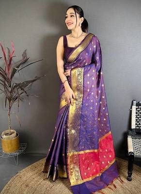 Purple Color weaving butti work  tissue saree 1
