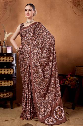Brown color satin silk fabric ready to wear festive rich bandhani saree