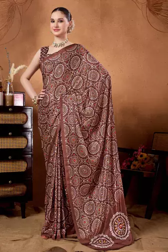 Brown color satin silk fabric ready to wear festive rich bandhani saree