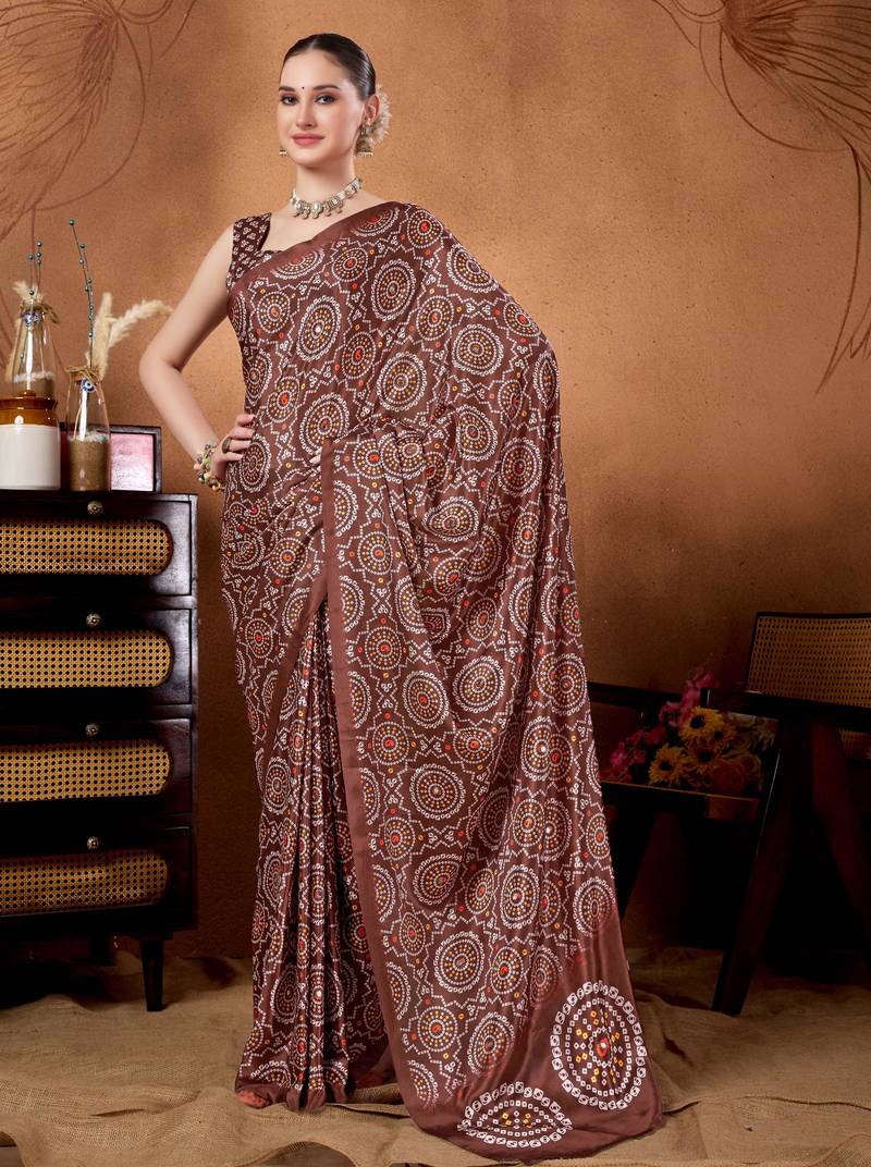 Brown color satin silk fabric ready to wear festive rich bandhani saree