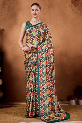 Multi color satin silk fabric ready to wear festive rich bandhani saree