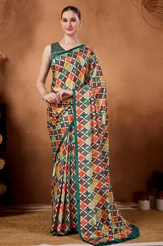Multi color satin silk fabric ready to wear festive rich bandhani saree