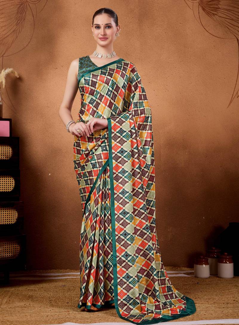 Multi color satin silk fabric ready to wear festive rich bandhani saree