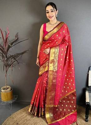 Rani Pink Color weaving butti work  tissue saree 1