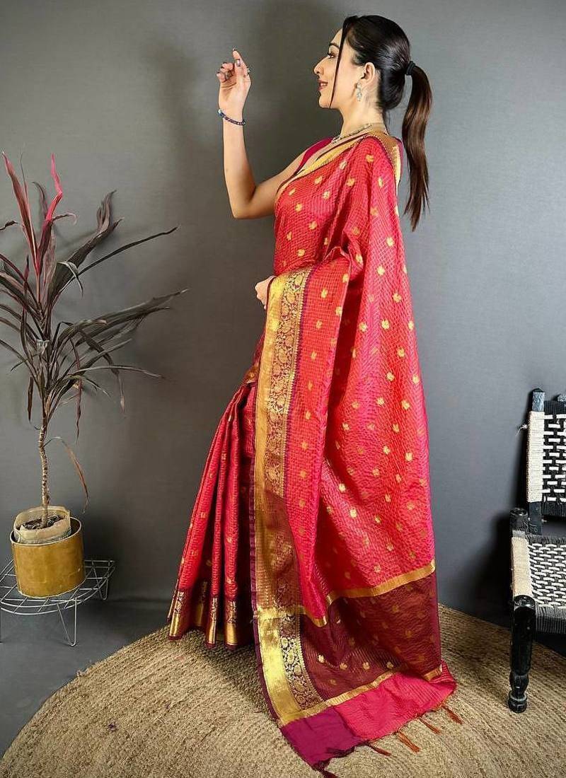 Rani Pink Color weaving butti work  tissue saree