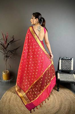 Rani Pink Color weaving butti work  tissue saree 4