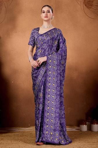 Purple color satin silk fabric ready to wear festive rich bandhani saree