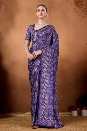 Purple color satin silk fabric ready to wear festive rich bandhani saree