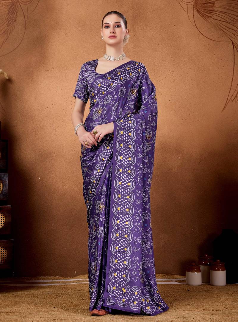 Purple color satin silk fabric ready to wear festive rich bandhani saree