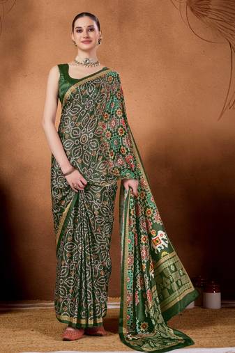 Olive color satin silk fabric ready to wear festive rich bandhani saree