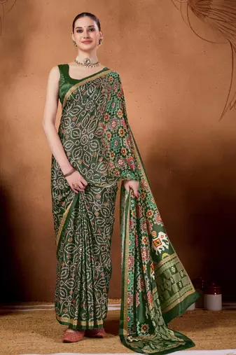 Olive color satin silk fabric ready to wear festive rich bandhani saree