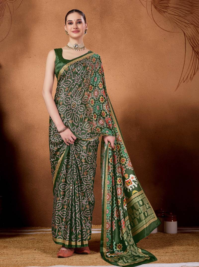 Olive color satin silk fabric ready to wear festive rich bandhani saree