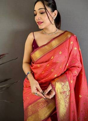 Red Color weaving butti work  tissue saree 1