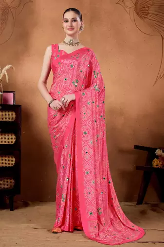 Pink color satin silk fabric ready to wear festive rich bandhani saree