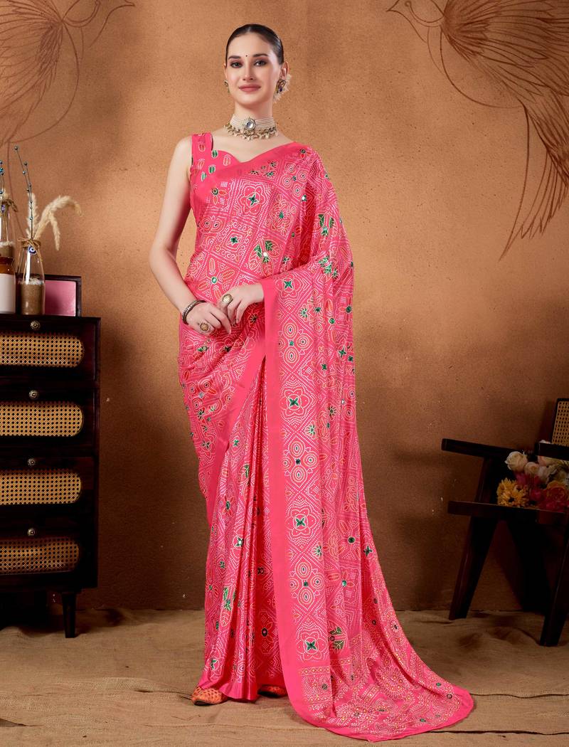 Pink color satin silk fabric ready to wear festive rich bandhani saree