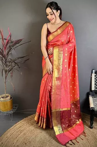Red Color weaving butti work  tissue saree