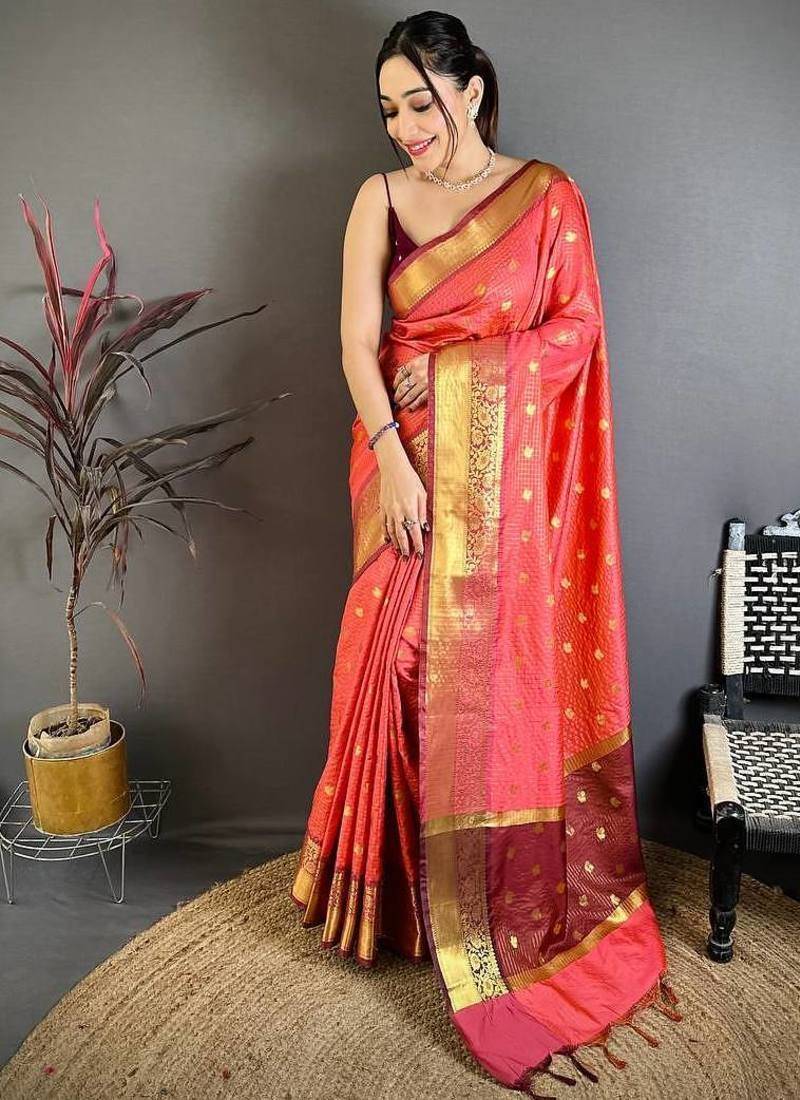 Red Color weaving butti work  tissue saree