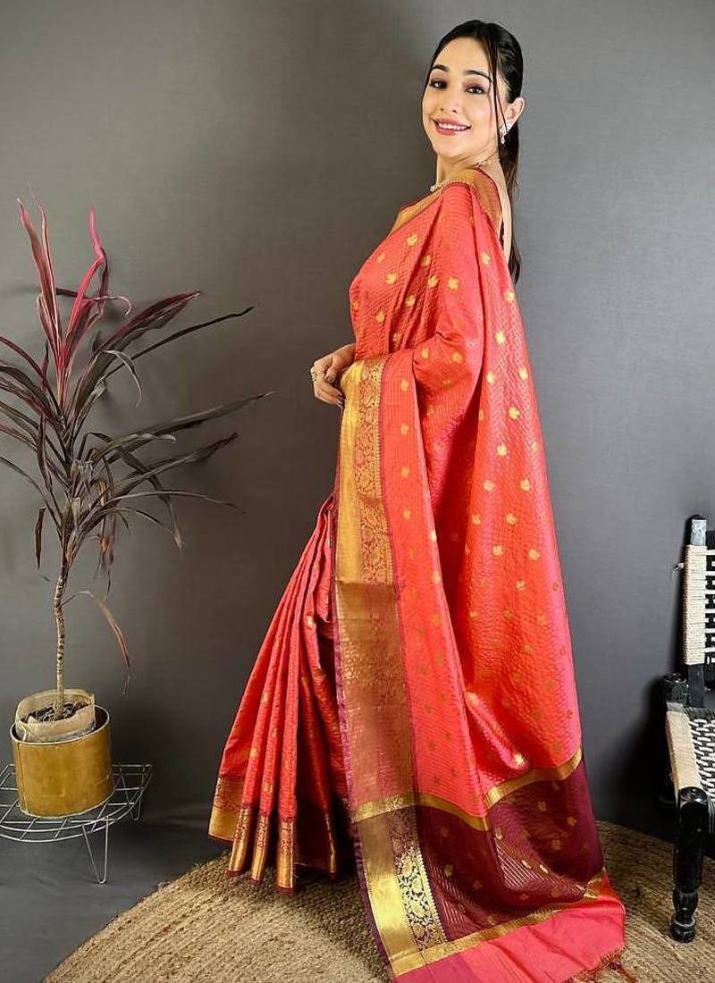 Red Color weaving butti work  tissue saree