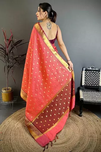 Red Color weaving butti work  tissue saree