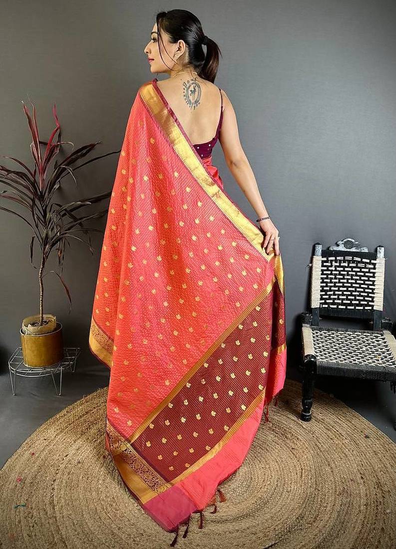 Red Color weaving butti work  tissue saree
