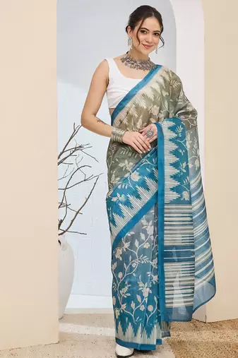 Mahendi color silk blended designer digital printed partywear saree