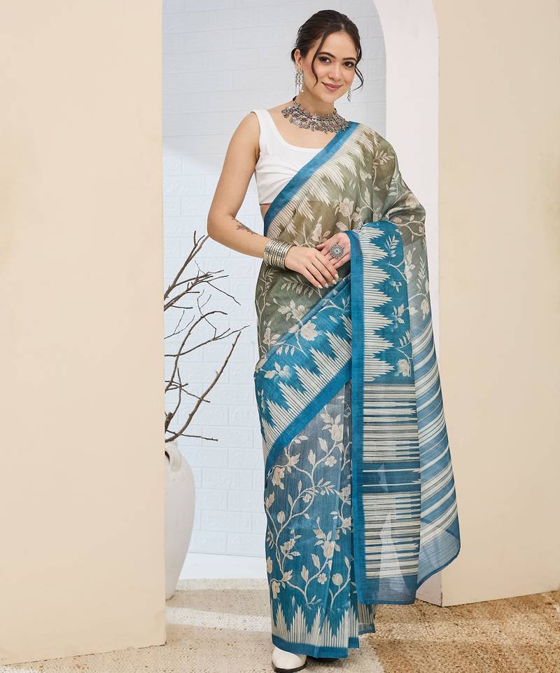 Mahendi color silk blended designer digital printed partywear saree