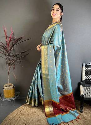 Sky Blue Color weaving butti work  tissue saree 1