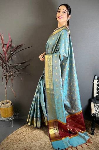 Sky Blue Color weaving butti work  tissue saree