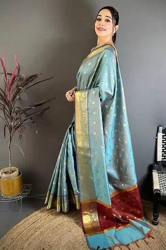 Sky Blue Color weaving butti work  tissue saree