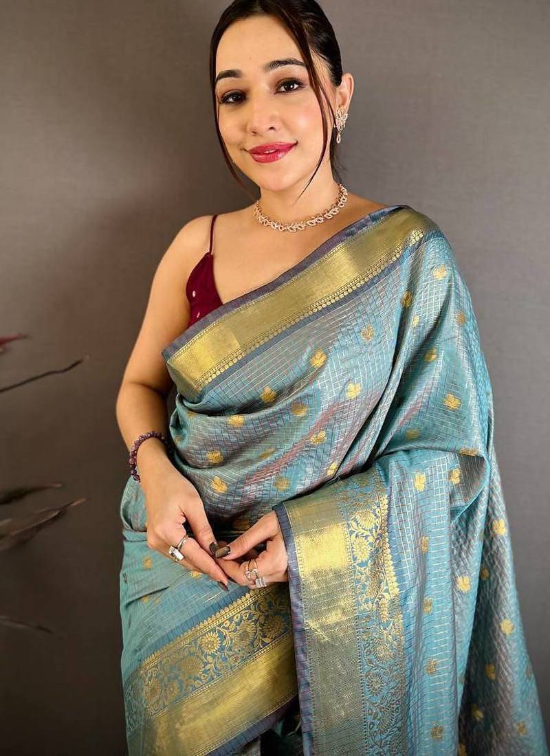 Sky Blue Color weaving butti work  tissue saree