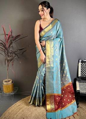 Sky Blue Color weaving butti work  tissue saree 3