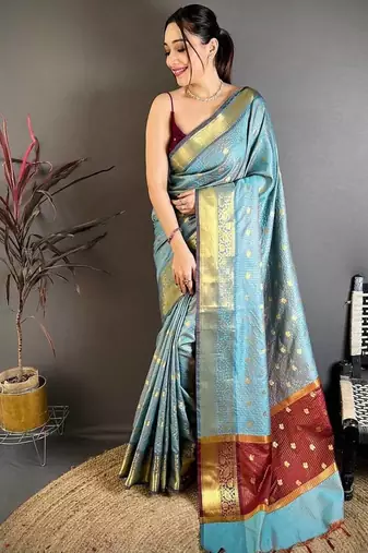 Sky Blue Color weaving butti work  tissue saree