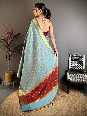Sky Blue Color weaving butti work  tissue saree 4