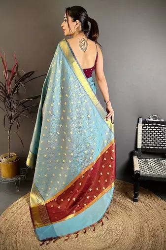 Sky Blue Color weaving butti work  tissue saree