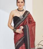Maroon color silk blended designer digital printed partywear saree