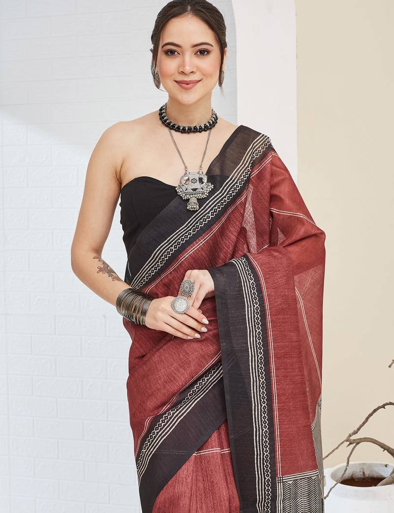 Maroon color silk blended designer digital printed partywear saree
